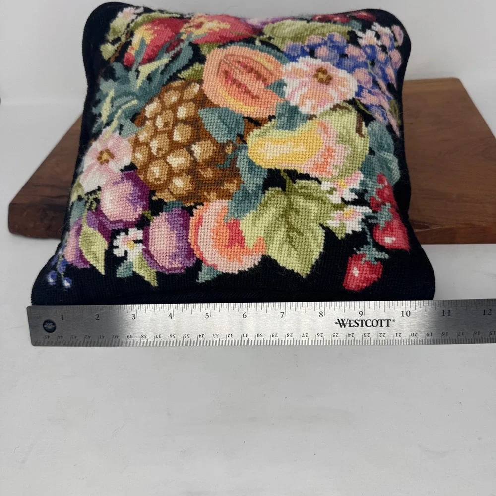 Vintage Fruit Floral Needlepoint Throw Pillow Black Wool Accent 10.5in Square
